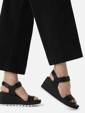 Sorel Cameron Platform Wedge Sandals Ankle Strap Black Leather Women's Sz 8